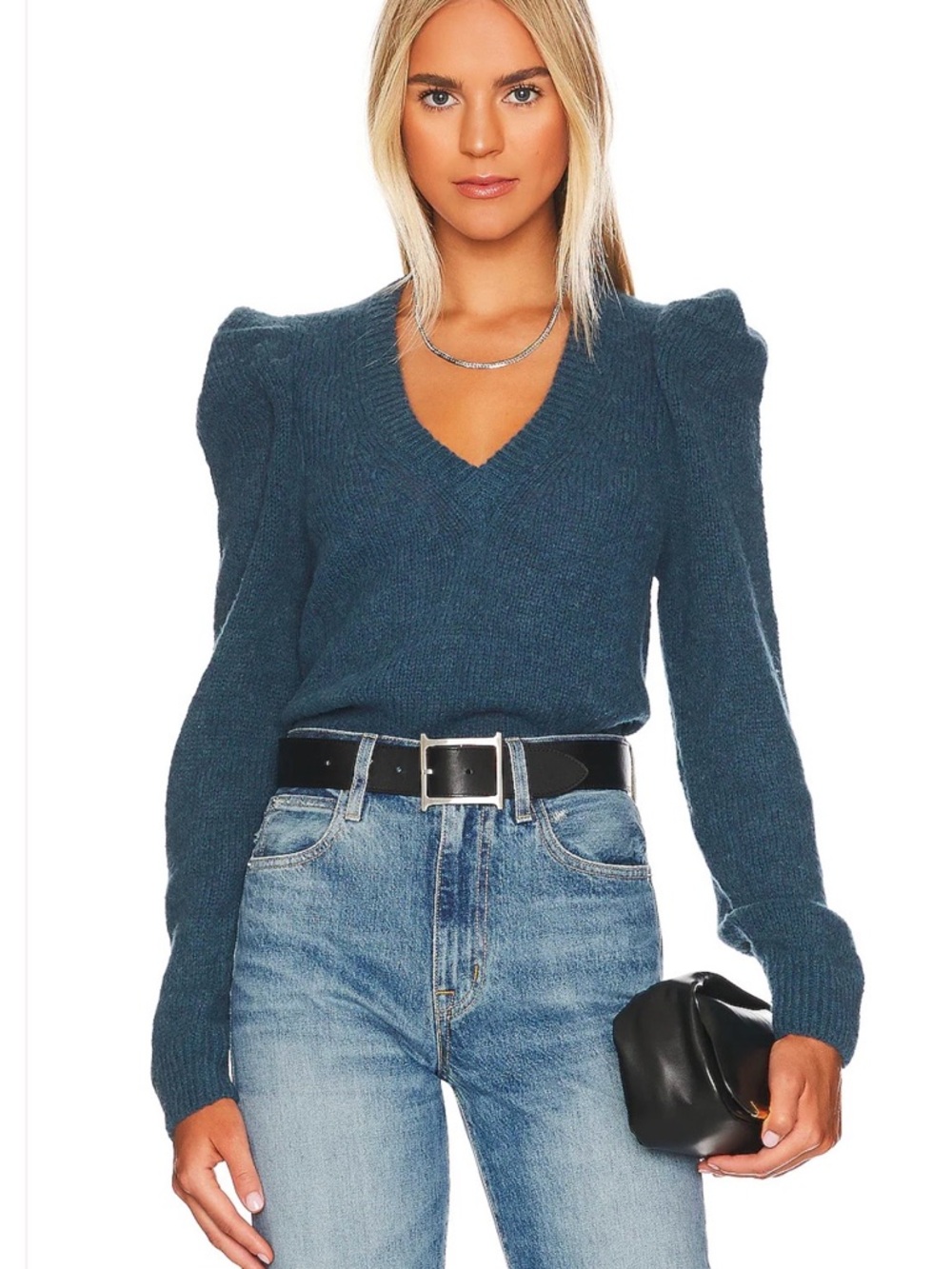 Nation LTD Lara Teal V-Neck Puff Shoulder Sweater Alpaca Blend Sz Small